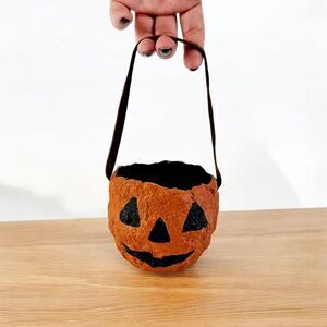 Vintage 1992 Paper Mache Halloween Jack-O-Lantern Pumpkin Leather Handle Bucket